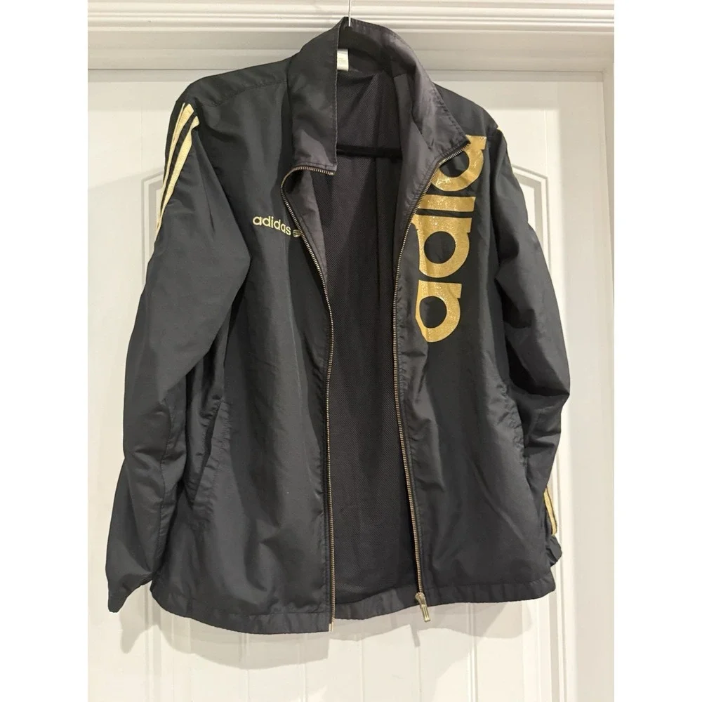 Adidas NEO Label Windbreaker Jacket Mens L Black Gold Big Logo Spellout Vintage